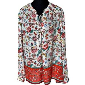 ROSE + OLIVE Long Sleeve Flowy Floral Boho Hippy Blouse Top Drawstring Tassel XL